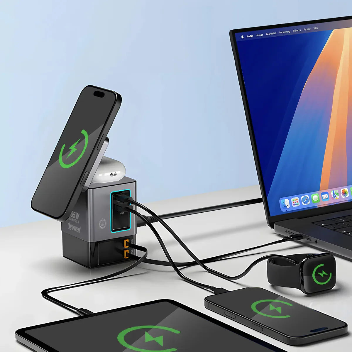 Xpower 105W Gan Magsafe Dual Cable Charging Tower - Grey - Tashqila Xpower 105W Gan Magsafe Dual Cable Charging Tower - Grey - Tashqila